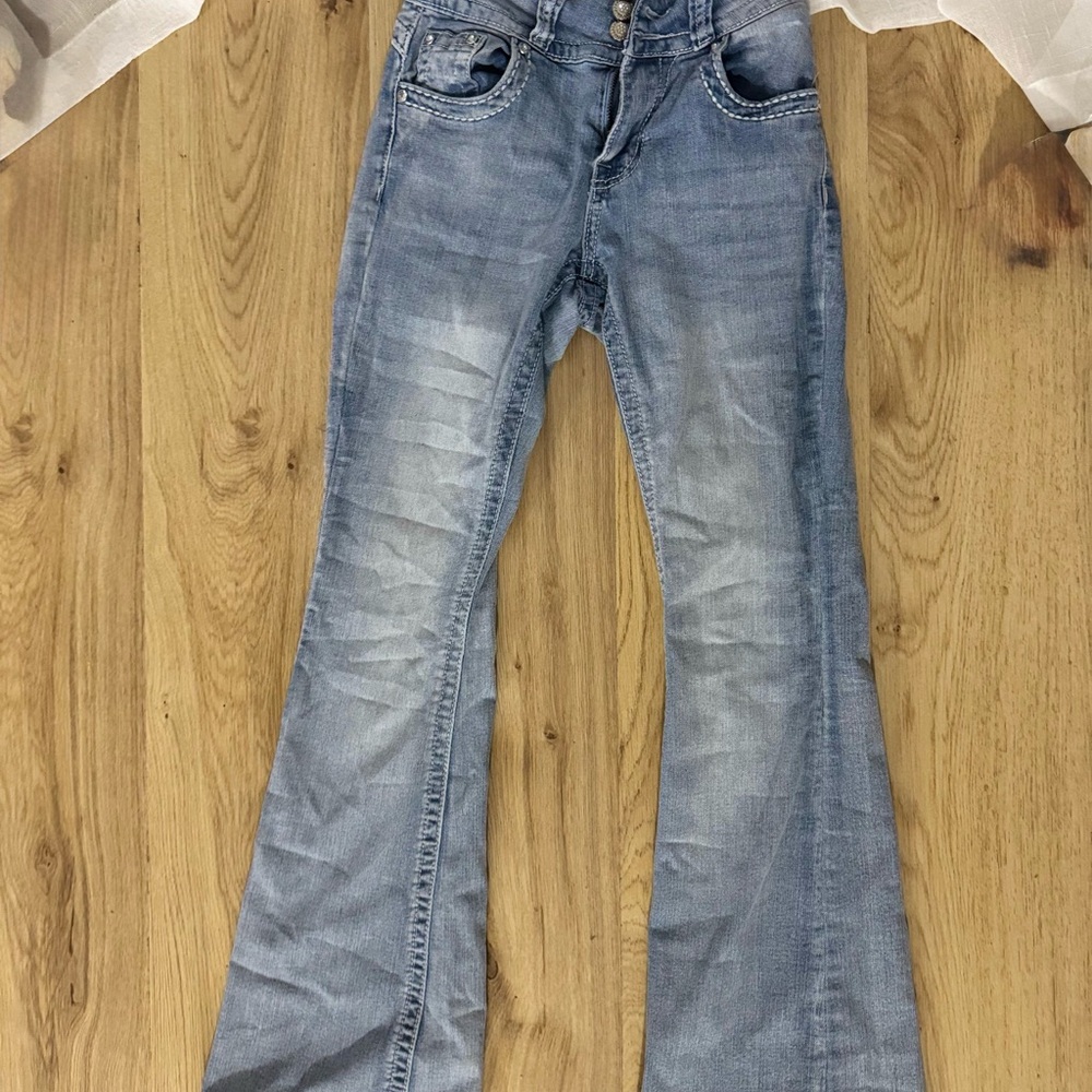 y2k light wash flare jeans brand: h&y collection with a 10” rise